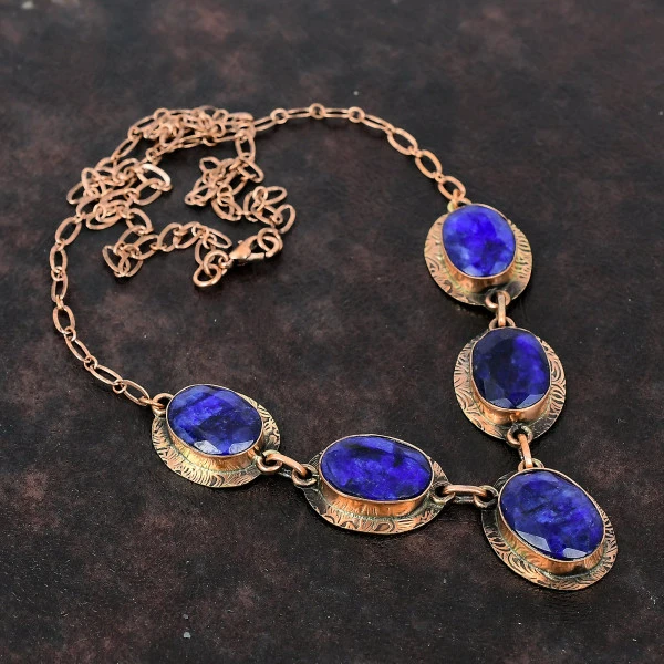 Faceted Blue Sapphire Necklace Gemstone Copper Wire Wrapped Adjustable Necklace