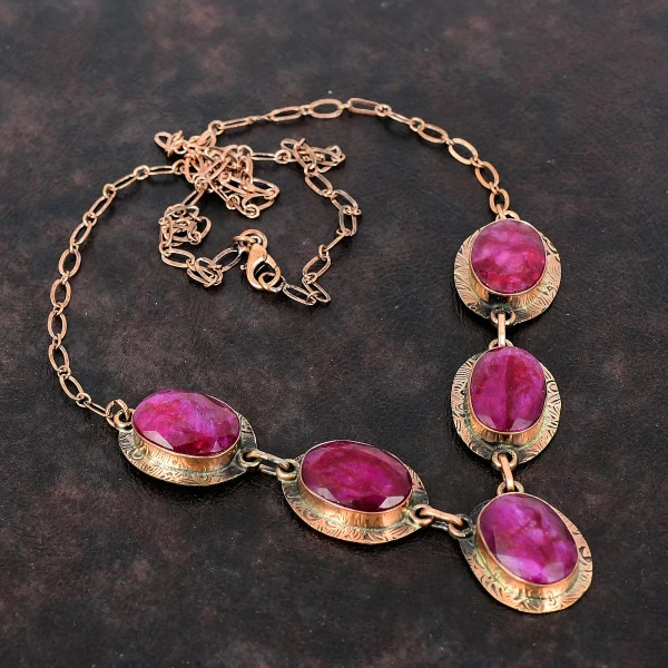 Faceted Kashmir Ruby Adjustable Necklace Real Gemstone Copper Wire Wrap Necklace