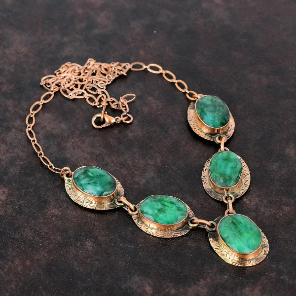 Faceted Zambian Emerald Adjustable Necklace Gemstone Copper Wire Wrapped Jewelry