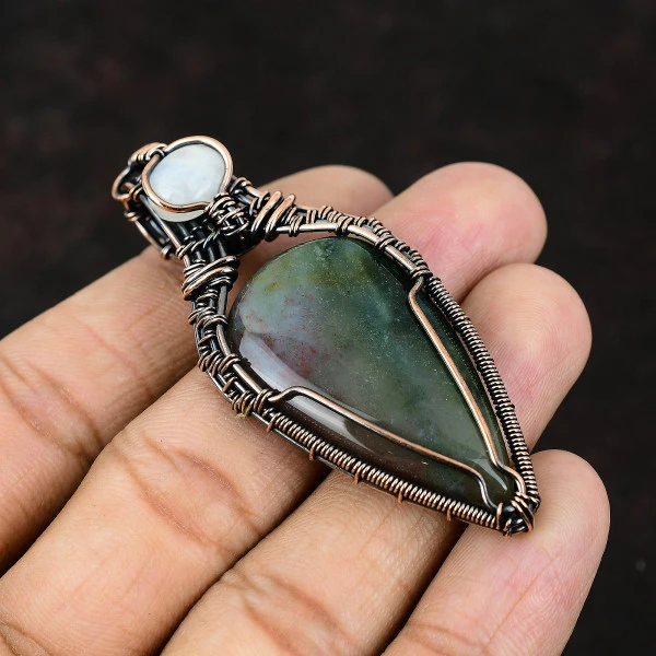 Solar Moss Agate Pear Green Handmade Copper Wire Wrapped Pendant