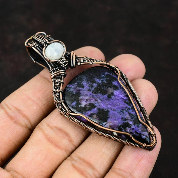 Charoite Pear Purple Handmade Copper Wire Wrapped Pendant