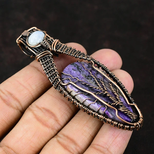 Charoite Pear Purple Handmade Copper Wire Wrapped Pendant