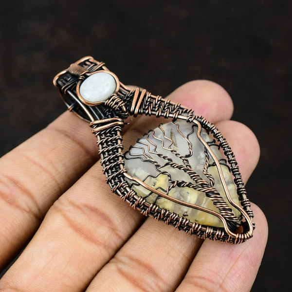 Plume Agate Pear White Handmade Copper Wire Wrapped Pendant