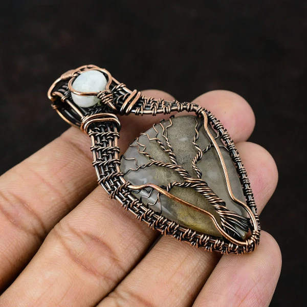 Plume Agate Pear Gray Handmade Copper Wire Wrapped Pendant