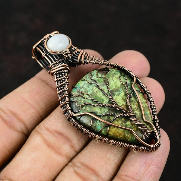 Tibetan Turquoise Pear Green Handmade Copper Wire Wrapped Pendant