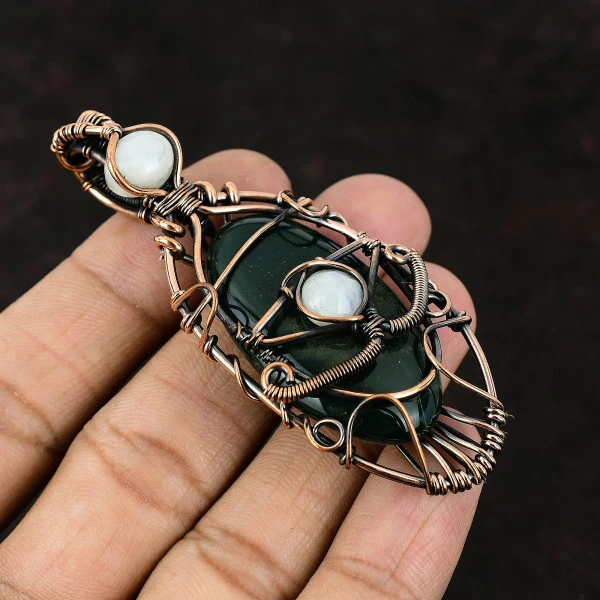 Bloodstone Oval Green Handmade Copper Wire Wrapped Pendant