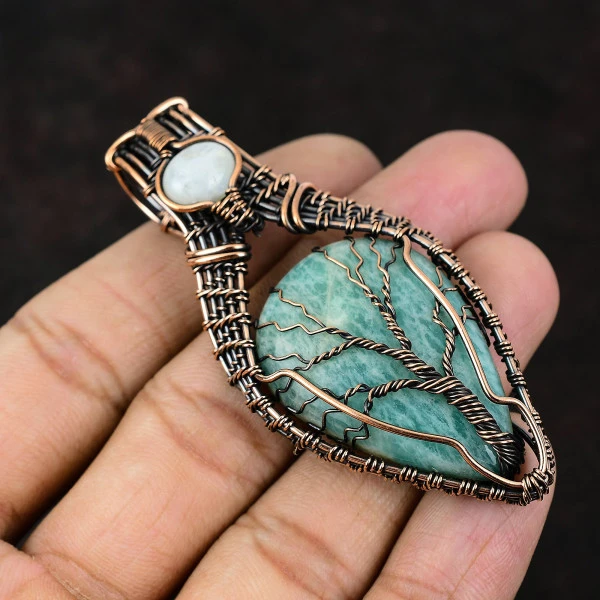 Amazonite Pear Green Handmade Copper Wire Wrapped Pendant
