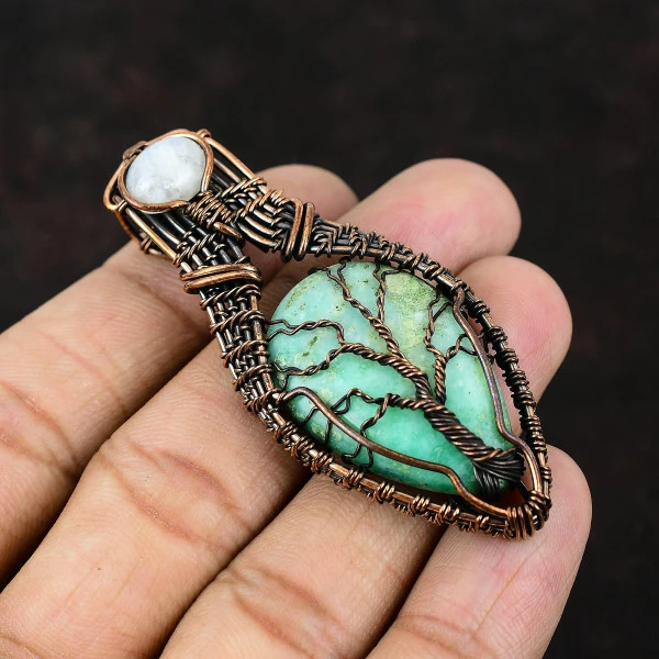 Chrysoprase Pear Green Handmade Copper Wire Wrapped Pendant
