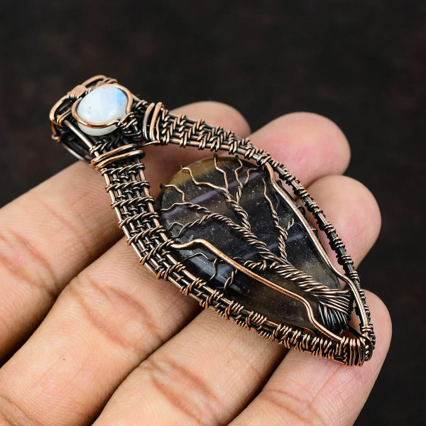 Multi Fluorite Pear Purple Handmade Copper Wire Wrapped Pendant