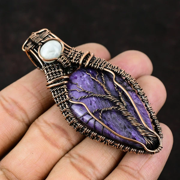 Charoite Pear Purple Handmade Copper Wire Wrapped Pendant