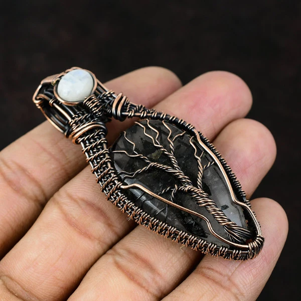 Black Rutile Pear Black Handmade Copper Wire Wrapped Pendant