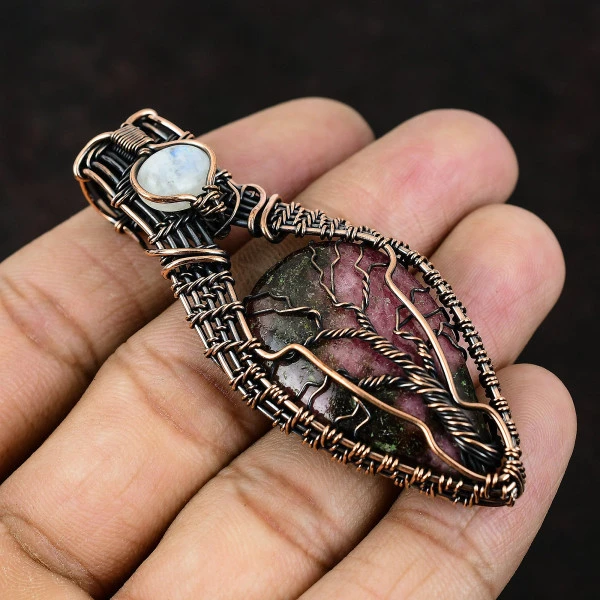 Rhodonite Pear Pink Handmade Copper Wire Wrapped Pendant