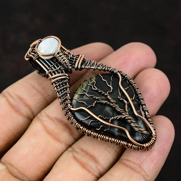 Picasso Jasper Pear Black Handmade Copper Wire Wrapped Pendant