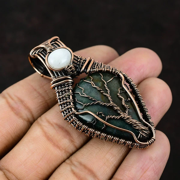 Bloodstone Pear Green Handmade Copper Wire Wrapped Pendant