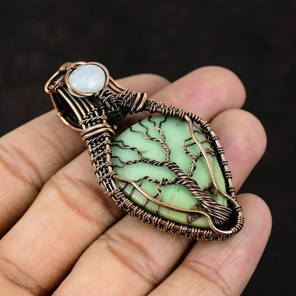 Chrysoprase Pear Green Handmade Copper Wire Wrapped Pendant