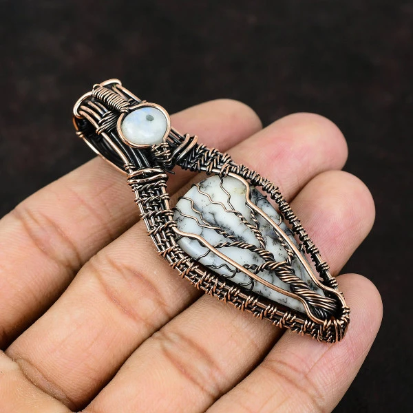 Dendrite Opal Pear White Handmade Copper Wire Wrapped Pendant