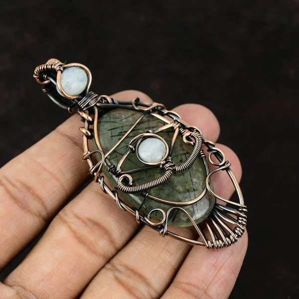 Moss Prehnite Oval Green Handmade Copper Wire Wrapped Pendant