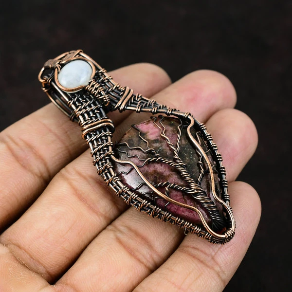 Rhodonite Pear Pink Handmade Copper Wire Wrapped Pendant
