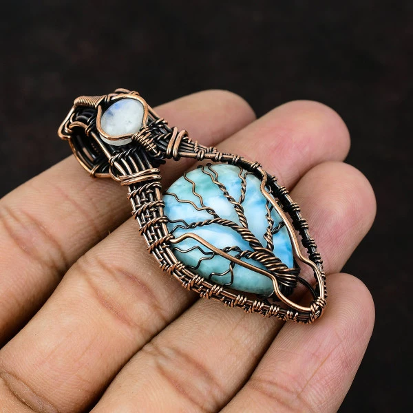 Larimar Pear Blue Handmade Copper Wire Wrapped Pendant