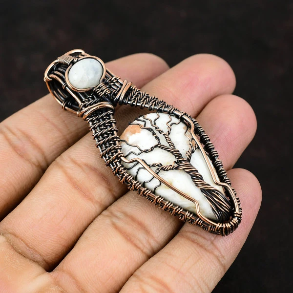 Scolecite Pear Peach Handmade Copper Wire Wrapped Pendant