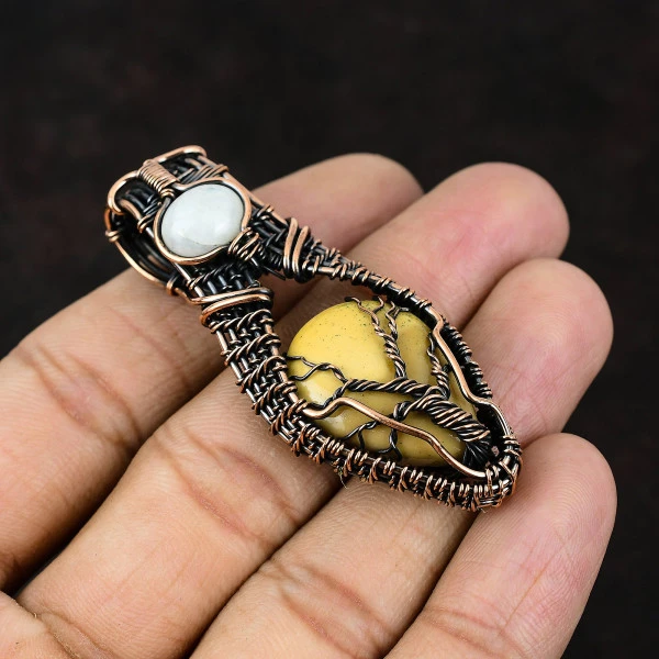 Mookaite Pear Yellow Handmade Copper Wire Wrapped Pendant