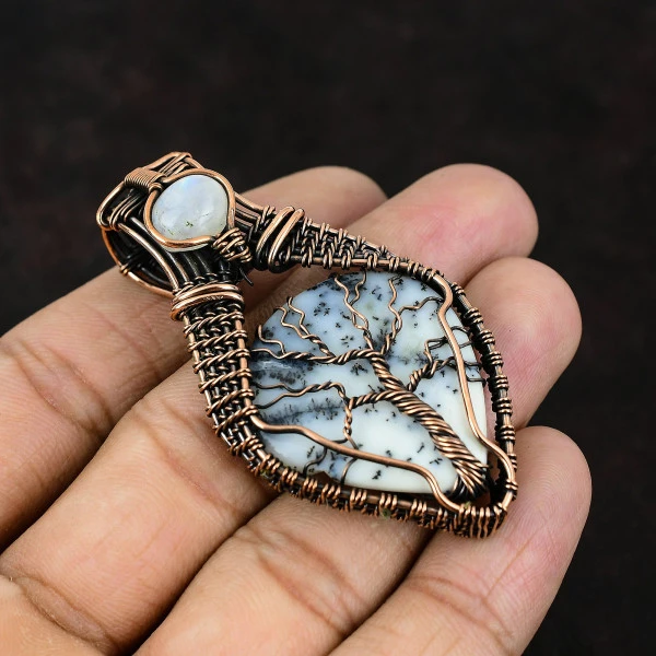 Dendrite Opal Pear White Handmade Copper Wire Wrapped Pendant