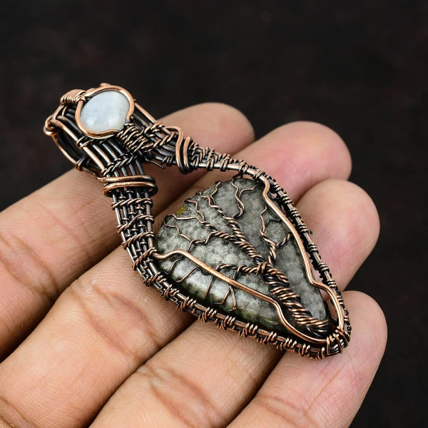 Stingray Coral Pear Gray Handmade Copper Wire Wrapped Pendant