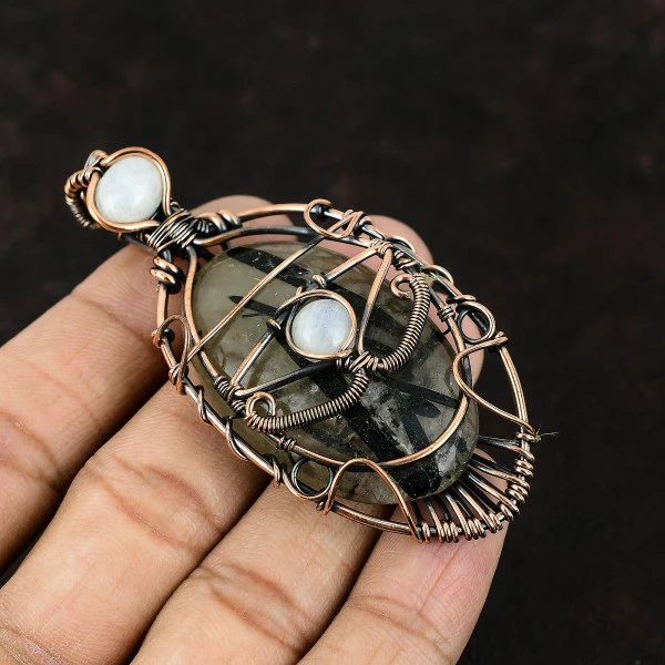 Black Rutile Oval Black Handmade Copper Wire Wrapped Pendant