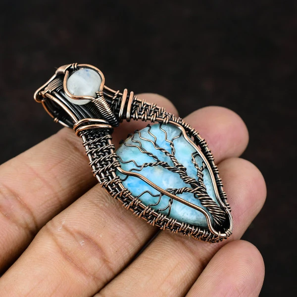Larimar Pear Blue Handmade Copper Wire Wrapped Pendant