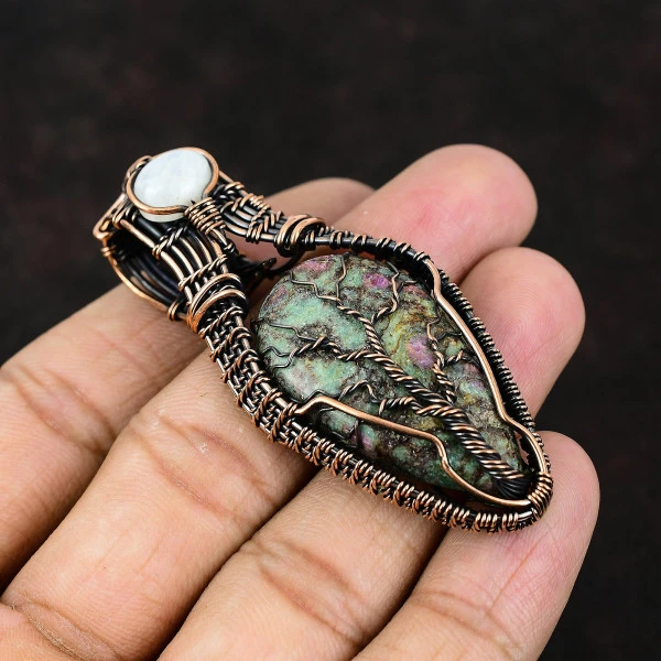 Ruby Fuchsite Pear Green Handmade Copper Wire Wrapped Pendant