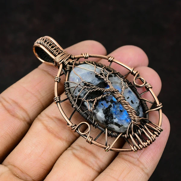 Rainbow Moonstone Oval White Handmade Copper Wire Wrapped Pendant