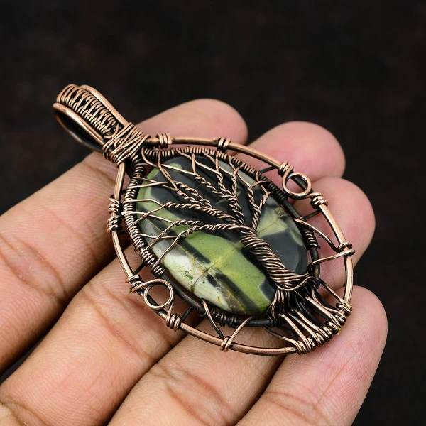 Serpentine Oval Green Handmade Copper Wire Wrapped Pendant