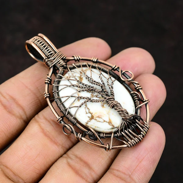 Wild Horse Magnesite Oval White Handmade Copper Wire Wrapped Pendant