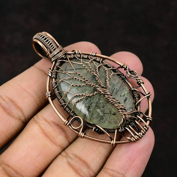 Moss Prehnite Oval Green Handmade Copper Wire Wrapped Pendant