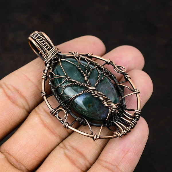 Bloodstone Oval Green Handmade Copper Wire Wrapped Pendant