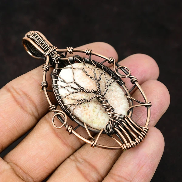 Scolecite Oval Peach Handmade Copper Wire Wrapped Pendant