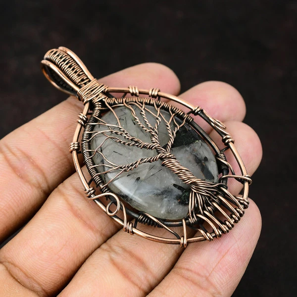 Black Rutile Oval Black Handmade Copper Wire Wrapped Pendant