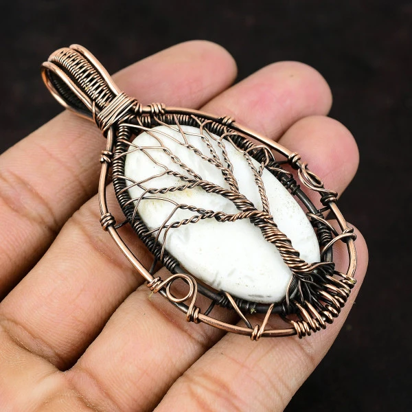 Scolecite Oval White Handmade Copper Wire Wrapped Pendant