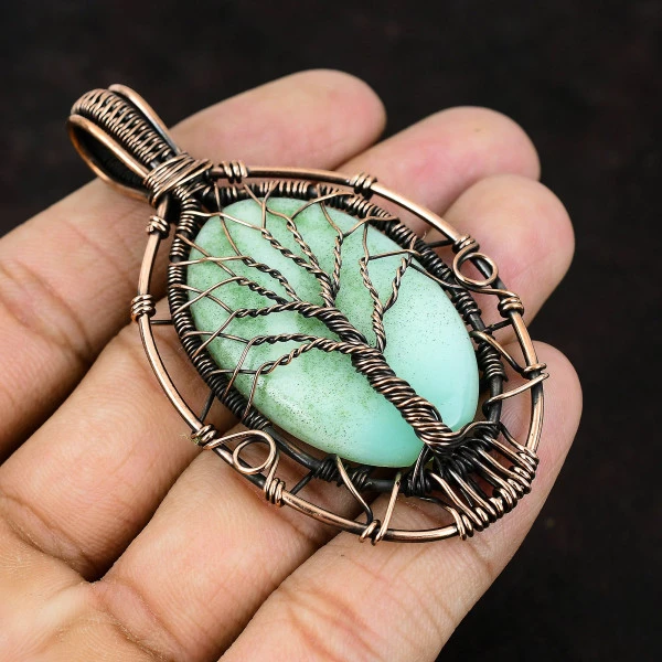 Chrysoprase Oval Green Handmade Copper Wire Wrapped Pendant