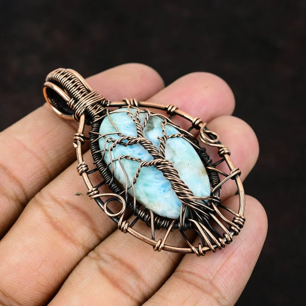Larimar Oval Blue Handmade Copper Wire Wrapped Pendant