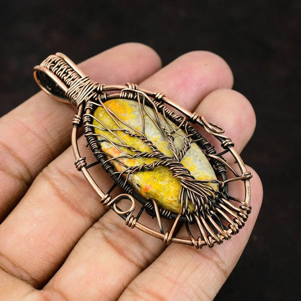 Bumble Bee Jasper Oval Yellow Handmade Copper Wire Wrapped Pendant