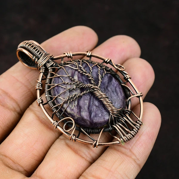 Charoite Oval Purple Handmade Copper Wire Wrapped Pendant