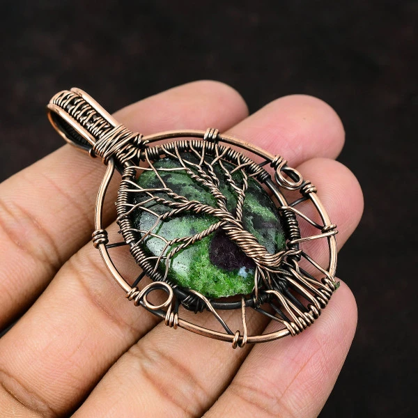 Ruby Zoisite Oval Green Handmade Copper Wire Wrapped Pendant
