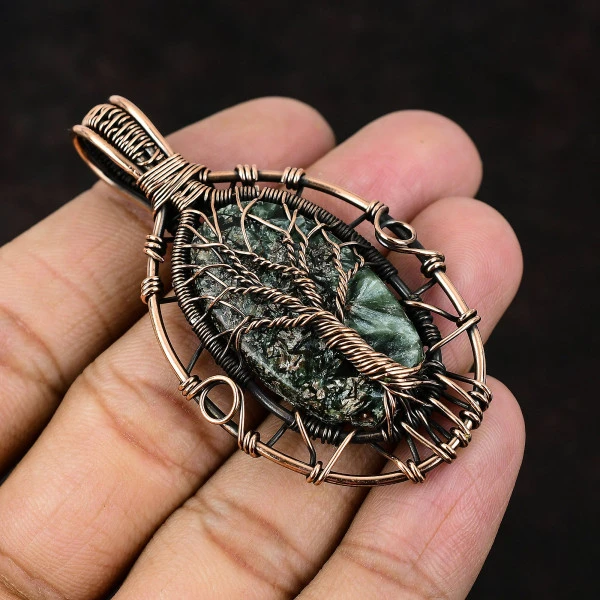 Seraphinite Oval Green Handmade Copper Wire Wrapped Pendant