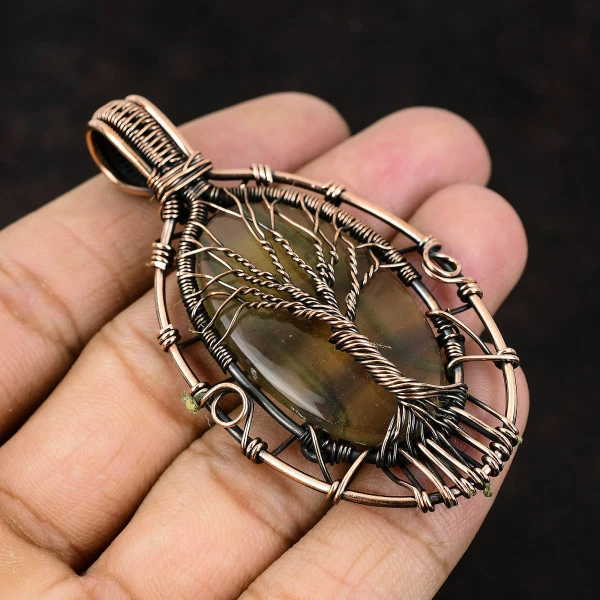 Multi Fluorite Oval Brown Handmade Copper Wire Wrapped Pendant