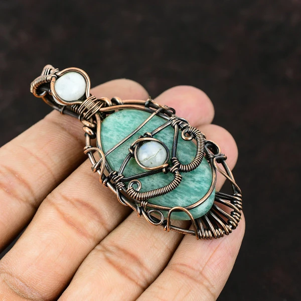 Amazonite Oval Green Handmade Copper Wire Wrapped Pendant