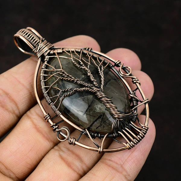 Black Rutile Oval Black Handmade Copper Wire Wrapped Pendant