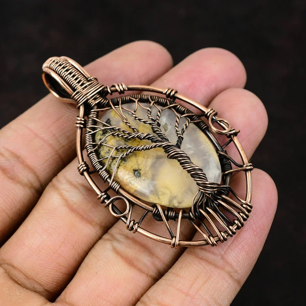 Plume Agate Oval Yellow Handmade Copper Wire Wrapped Pendant