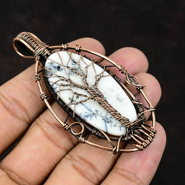 Dendrite Opal Oval White Handmade Copper Wire Wrapped Pendant