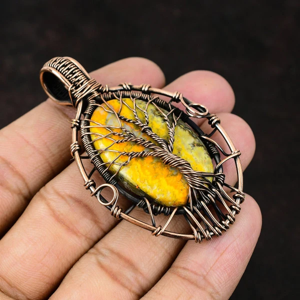 Bumble Bee Jasper Oval Yellow Handmade Copper Wire Wrapped Pendant